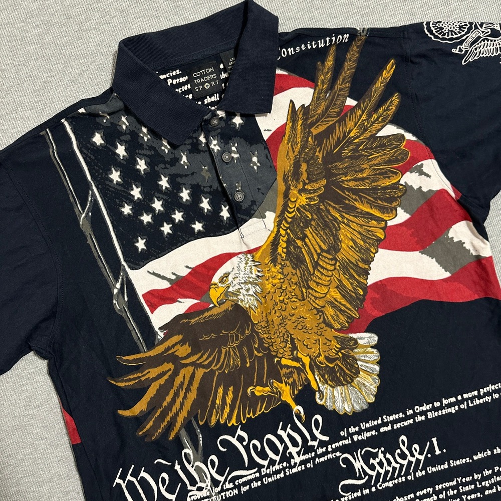 Cotton Traders Sport Patriotic Eagle Constitution AOP‎ Polo Shirt Y2K Mens Large